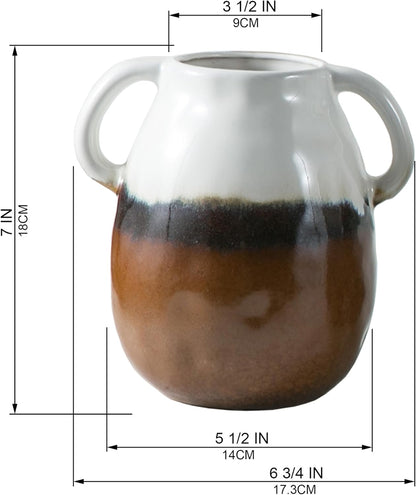 Multi Gradient Ceramic Vase with 2 Handles, Modern Farmhouse Decor, Rustic Terracotta Pottery, Decorative Flower Vases, Clay Small Vase, Centerpiece for Dining Table - 7 Inch Tall
