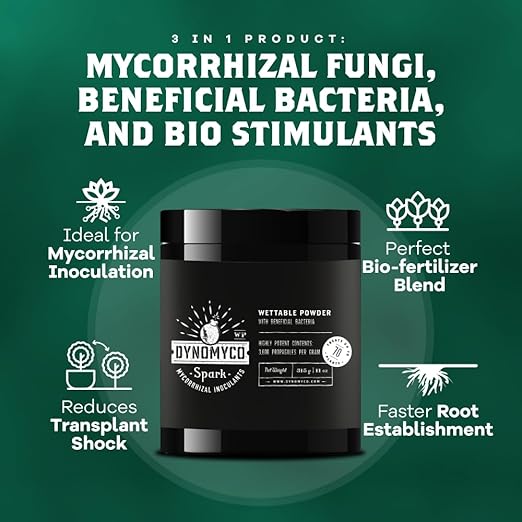DYNOMYCO Spark WP Mycorrhizal Fungi, 11oz Wettable Powder – 3-In-1 Root Enhancer Amplifies Nutrient Uptake & Yield – Treats 70Plants, Indoor/Outdoor Bio-Stimulant – Dissolves Fast in Seed Starter Soil