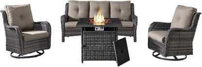 Outdoor Patio Furniture Set with 50000BTU Propane Fire Pit Table, 4 Pieces Wicker Patio Conversation Set with 2 Swivel Rocker Glider Chairs Rattan Sofa Grey Cushion Perfect for Gathering
