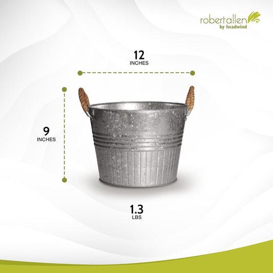 Headwind Round Galvanized Bucket w/Rope Handles – 12 Inch Metal Tub Bucket Planter for Outdoor Plants with Drainage Hole – Galvanized Large Outdoor Planters Buckets by Robert Allen