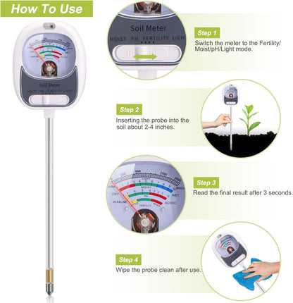 HSLGOVE 4-in-1 Soil Test Kit – Soil Moisture Meter, pH, Fertility & Sun-Light, No Battery Required, Large Dial Soil Tester for Indoor & Outdoor Gardening, Lawn, Farm – Brightwhite