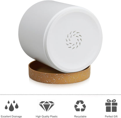 3 Pack 6/5/4 inch Cylindrical Flower Pots, Modern Small Round Plastic Plant Pots with Drainage Holes & Saucers, Clean and Refined Planter Pots for Outdoor, Indoor & Office Decor (White Brown)