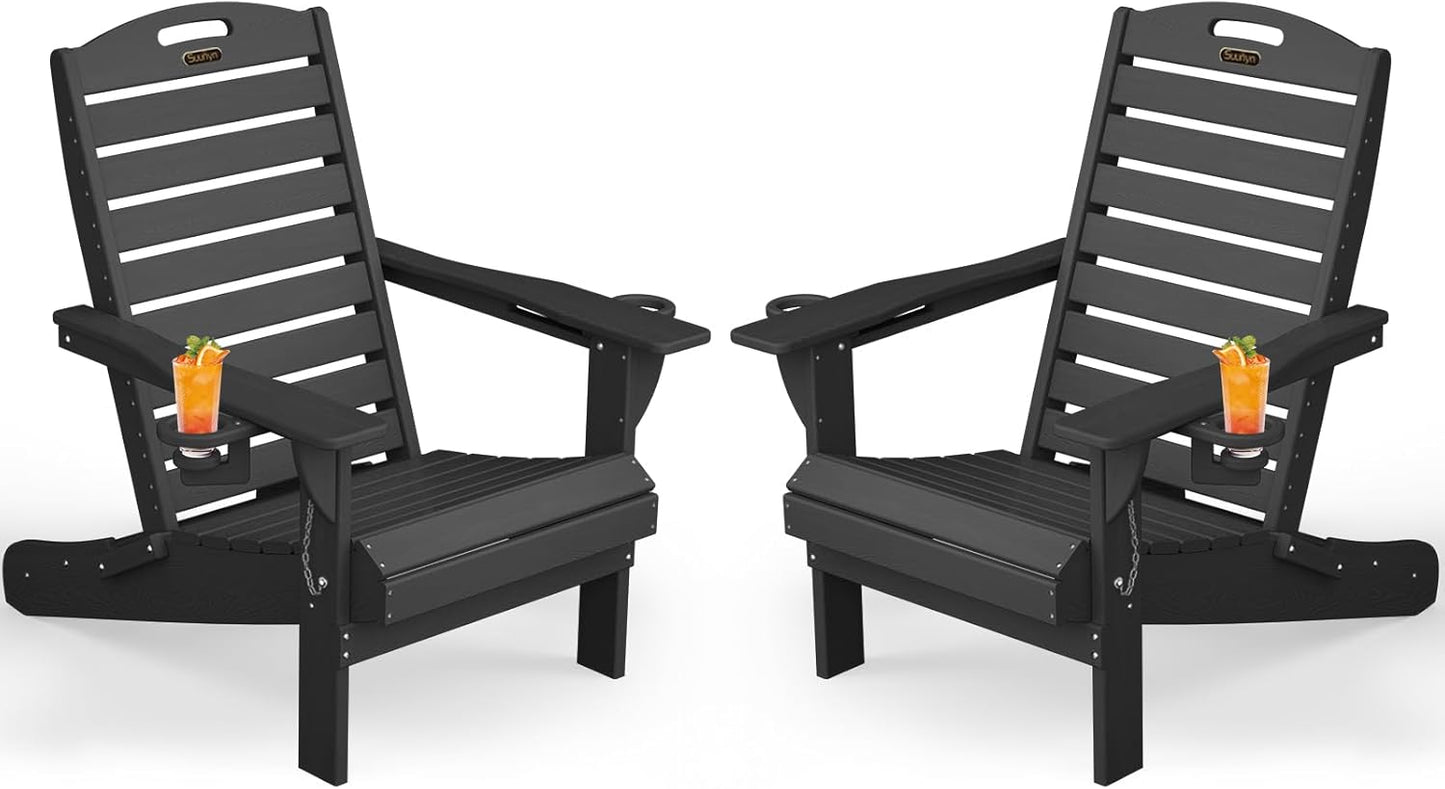 Adirondack Chairs Set of 2, Outdoor Fire Pit Chairs, HDPE All-Weather Adirondack Chairs with Cup Holder, Lawn Chair for Deck, Patio, Garden (Black)