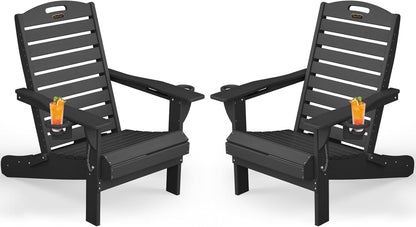 Adirondack Chairs Set of 2, Outdoor Fire Pit Chairs, HDPE All-Weather Adirondack Chairs with Cup Holder, Lawn Chair for Deck, Patio, Garden (Black)