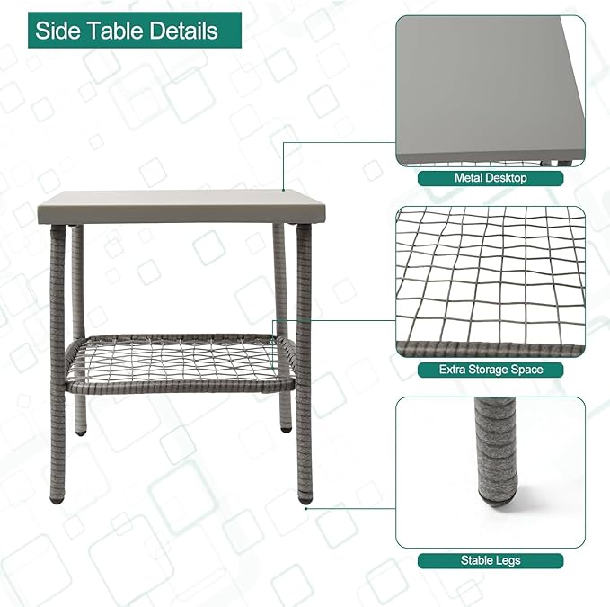 DECMICO 3-Piece Wicker Rocking Chair Set, Patio Bistro Furniture with Cushions & Side Table, Rattan Outdoor Conversation Bistro Set for Outdoor Use, Grey