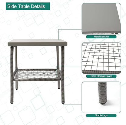 DECMICO 3-Piece Wicker Rocking Chair Set, Patio Bistro Furniture with Cushions & Side Table, Rattan Outdoor Conversation Bistro Set for Outdoor Use, Grey