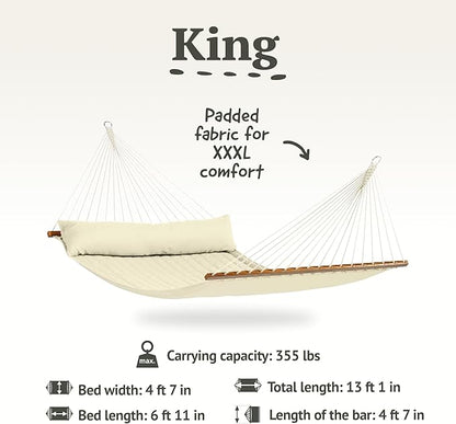 LA SIESTA® Alabama Quilted Hammock with Spreader Bar, Padded Fabric Hammock with Pillow, Weatherproof Outdoor Hammock, 2 Person Double Hammock for Outside Heavy Duty - Max 355 Lbs, XL King, Vanilla