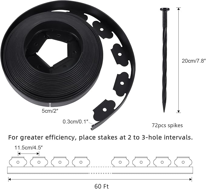 No Dig Durable Garden Landscape Edging Kit, 2 Inch Tall Black Plastic Lawn Border with 72pcs Anchoring Spikes for Landscaping, Flower Gardens, Lawn (60FT+72pcs Anchoring Spikes)