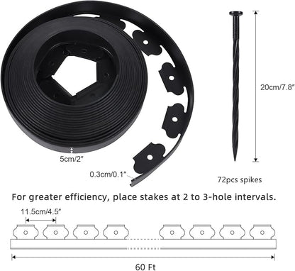 No Dig Durable Garden Landscape Edging Kit, 2 Inch Tall Black Plastic Lawn Border with 72pcs Anchoring Spikes for Landscaping, Flower Gardens, Lawn (60FT+72pcs Anchoring Spikes)