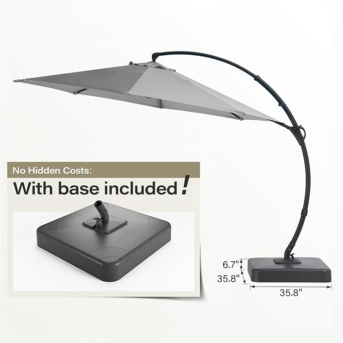 LAUSAINT HOME Outdoor Patio Umbrella with Base included, 12 FT Deluxe Curvy Cantilever Umbrella Heavy Duty Offset Hanging Umbrella with 360° Rotation for Market, Pool, Garden, Backyard, Deck (Grey)