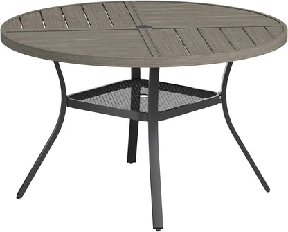VICLLAX Round Patio Table with Adjustable Umbrella Hole for 4, All Weather Metal Outdoor Dining Table for Lawn Garden, 40.6" Outdoor Coffee Table, Grey Wood-Like Tabletop