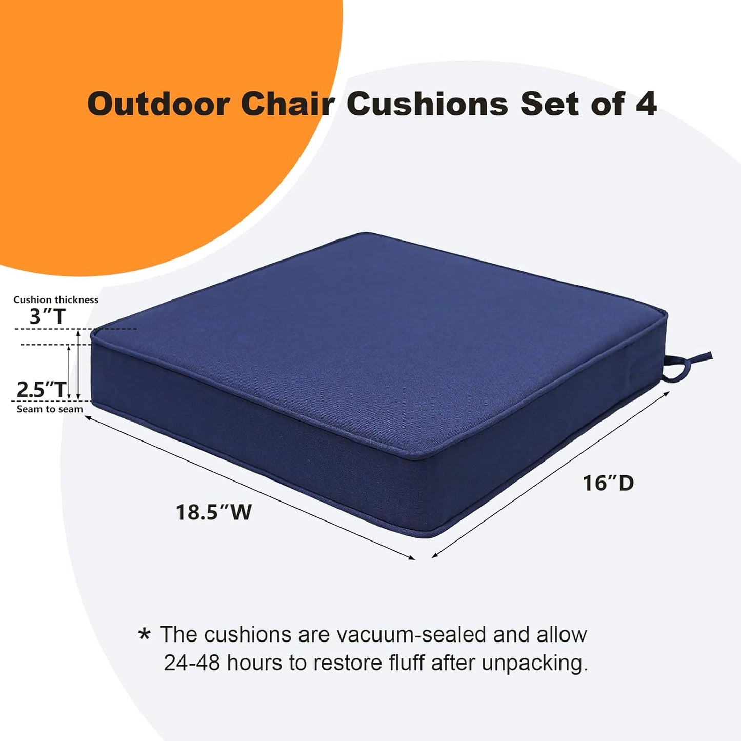 Square Corner Seat Cushions, 18.5" x 16" x 3", Set of 4, Indoor Outdoor Water Repellent Universal Chair Pads with Ties for Patio Furniture, Garden Deck Dining Chairs, Navy
