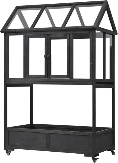 Wooden Cold Frame Greenhouse with Wheels, Portable Fir Garden Plant House with Storage Box, Openable Roof for Seedlings, Herbs, Winter Crops, Perfect for Patio, Balcony, Garden