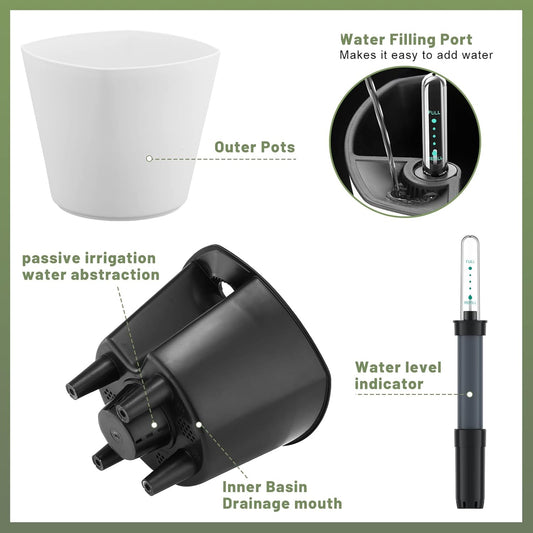 7 inch Plant Pots 6-Pack, Self Watering Flower Pots Indoor Outdoor, African Violet Pots Planters with Drainage Hole Saucer Reservoir, White