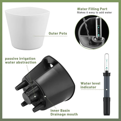 7 inch Plant Pots 3-Pack, Self Watering Flower Pots Indoor Outdoor, African Violet Pots Planters with Drainage Hole Saucer Reservoir, White