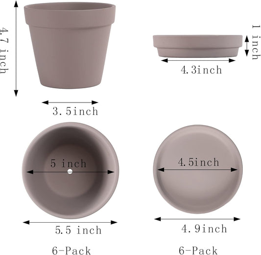 Terra Cotta Pots with Saucer- 6-Pack Large Terracotta Pot Clay Pots 5.5'' Clay Ceramic Pottery Planter Cactus Flower Pots Succulent Pot with Drainage Hole- for Plants,Crafts terra cotta planter(Grey)