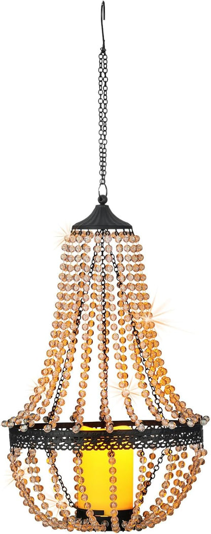 Hanging Candle Lantern, 27” Battery Operated Modern Clear Acrylic Crystal Chandeliers with Flickering Yellow Led Candle Light S Hooks for Garden, Backyard, Gazebo, Room Indoor Outdoor Decor