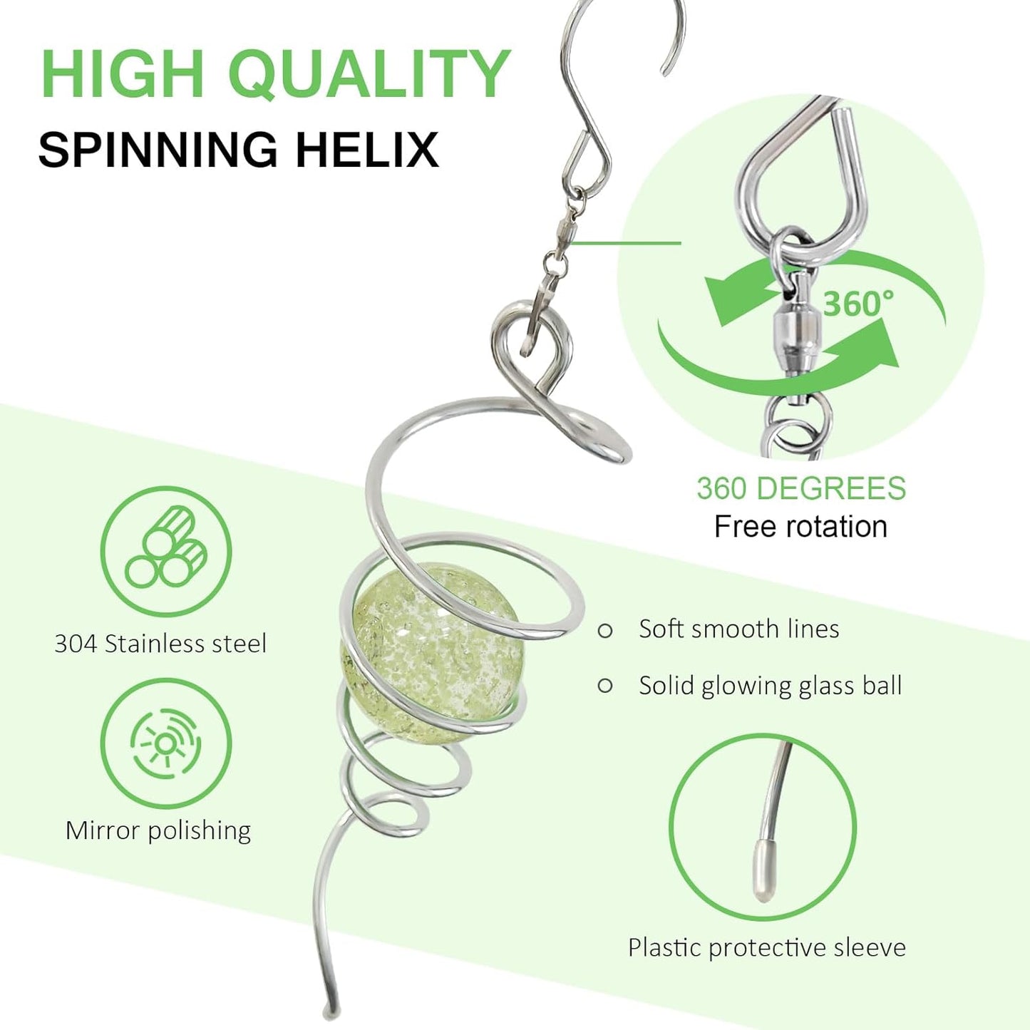 Glow in The Dark Gazing Ball Spiral Tail,Wind Spinner Tail Yard Art Decor,Hanging Rotating Sun Catcher Wind Spinners Stabilizer,Indoor Outdoor Garden Decoration Christmas Ornament-13in