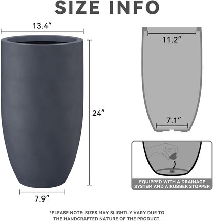 Kante 24 Inch Tall Round Concrete Planter, Large Indoor Outdoor Plant Pots with Drainage Hole and Rubber Plug, Modern Decorative Garden Pots for Home Patio Porch, Charcoal