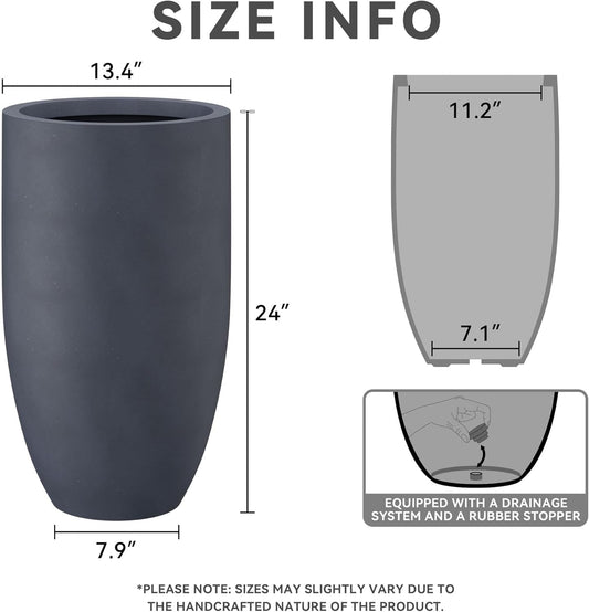 Kante 24 Inch Tall Round Concrete Planter, Large Indoor Outdoor Plant Pots with Drainage Hole and Rubber Plug, Modern Decorative Garden Pots for Home Patio Porch, Charcoal