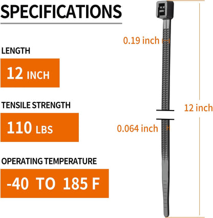 12 Inch Black Zip Ties (200 Pack), 2024 New Patented Design,110 LBS Tensile Strength, Self-Locking Nylon PA66 UV Resistant Cable Ties for Indoor and Outdoor Use