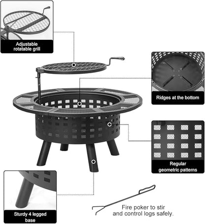 36 inch Outdoor Fire Pit with Grill,Wood Burning Fire Pits for Outside with Lid & Fire Poker,Metal 3-in-1 Firepit Table with Cooking Grate,Outdoor Firepit for Yard,Bonfire,Patio(Charcoal)