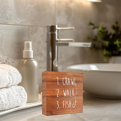 Brown Country Crawl Walk Fish Rustic Wooden Sign Desk Decor,Funny Baby Fishing Wood Block Sign Desk Decorations for Home Bedroom Baby Room Shelf Table Decor