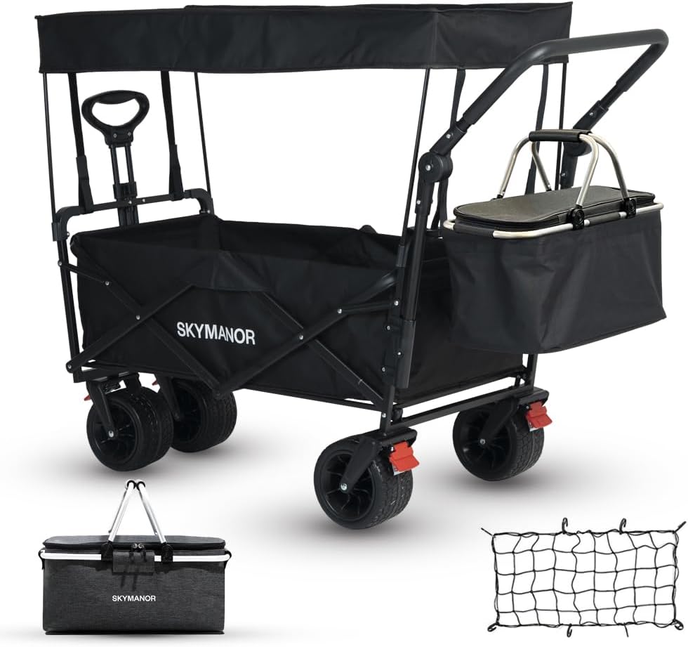 SKYMANOR Collapsible Wagon with Removable Canopy, 3-in-1 Heavy Duty Garden Cart with Big All-Terrain Wheels, Brakes, Adjustable Push Pull Handle, Cooler Bag, 300LBS Wagon Cart for Camping (Black)