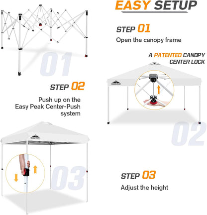 EAGLE PEAK Pop Up Canopy Tent with Wheeled Carry Bag, 8 Stakes, 4 Ropes, Easy Set Up Tent Canopy, 6.6x6.6 ft, White