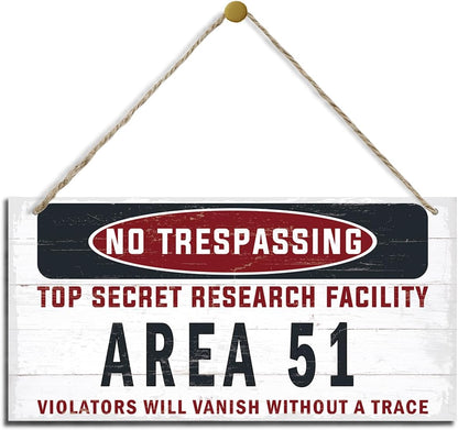 Warning Sign, Area 51 No Trespassing Warning Wood Plaque Sign, Funny Door Signs, Decorative Wood Hanging Suspension Plaque, Farmhouse Wooden Wall Decor