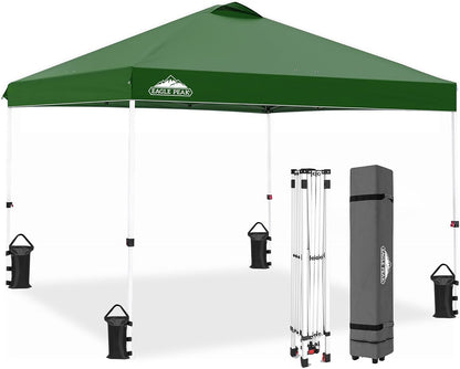 EAGLE PEAK Pop Up Canopy Tent with Wheeled Carry Bag, 8 Stakes, 4 Ropes, 4 Weight Bags, Easy Set Up Tent Canopy, 10x10 ft, 100sqft of Shade, Green
