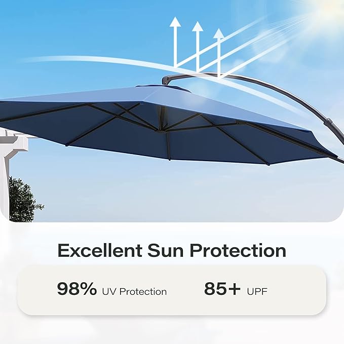 LAUSAINT HOME Beige Patio Umbrella with an Additional Navy Blue Replacement Canopy, 12 FT Deluxe Curvy Cantilever Umbrella Heavy Duty Offset Hanging Outdoor Umbrella with Base,