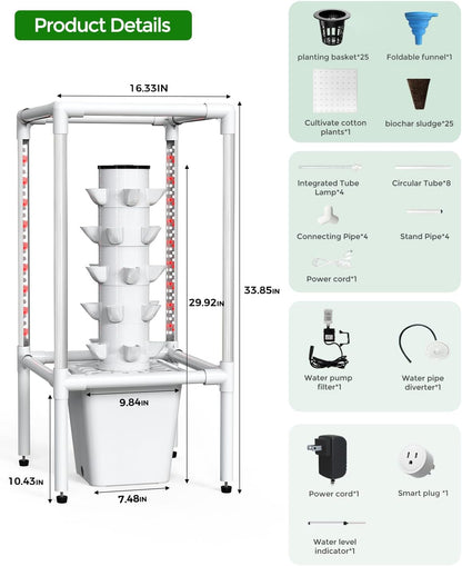 SJZX Hydroponics Growing System, Hydroponic Tower with Full-Spectrum Grow Lights, 5 Tiers Indoor Outdoor Garden Planter, Vertical Home Gardening Germination Kits for Vegetables, Fruits, Herb (25 Pods)
