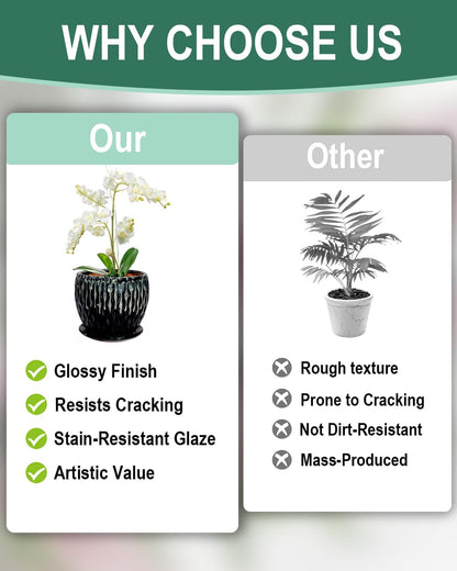 vensovo 7.5 Inch Ceramic Plant Pot with Drainage Holes and Saucer - Large Round Orchid Pot for Indoor Repotting, Ceramic Planter Maintain air Circulation, Black