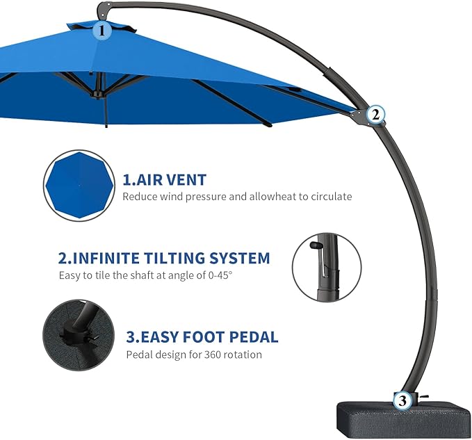 Outdoor Patio Umbrella with Sand Bag Included, 11 FT Deluxe Curvy Cantilever Umbrella Offset Hanging Umbrella with 360° Rotation for Market, Pool, Garden, Backyard, Deck