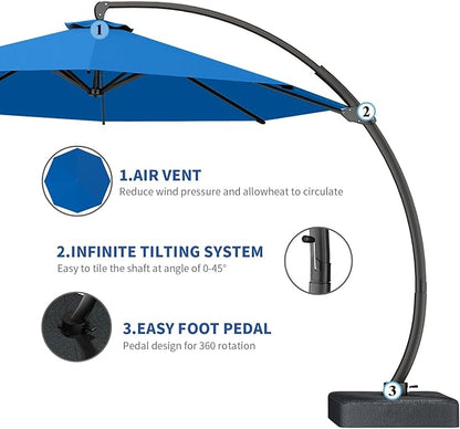 Outdoor Patio Umbrella with Sand Bag Included, 11 FT Deluxe Curvy Cantilever Umbrella Offset Hanging Umbrella with 360° Rotation for Market, Pool, Garden, Backyard, Deck