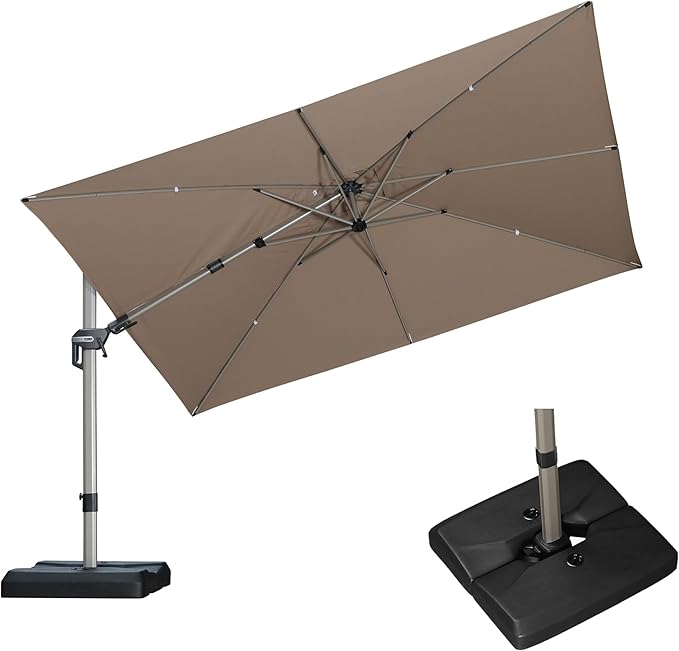 PURPLE LEAF 11.5' X 8' Left-right Tilting Patio Umbrella with Base Outdoor Swivel Cantilever Offset Aluminum Umbrella with Champagne Frame and 360-degree Rotation for Garden Deck Pool, Taupe