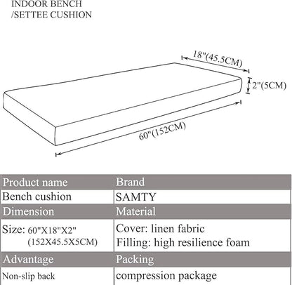 Bench Seat Memory Foam Chair Pads Non-Slip Rubber Back Indoor Swing/Settee Cushion 60 x 18 inch