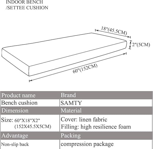 Bench Seat Memory Foam Chair Pads Non-Slip Rubber Back Indoor Swing/Settee Cushion 60 x 18 inch