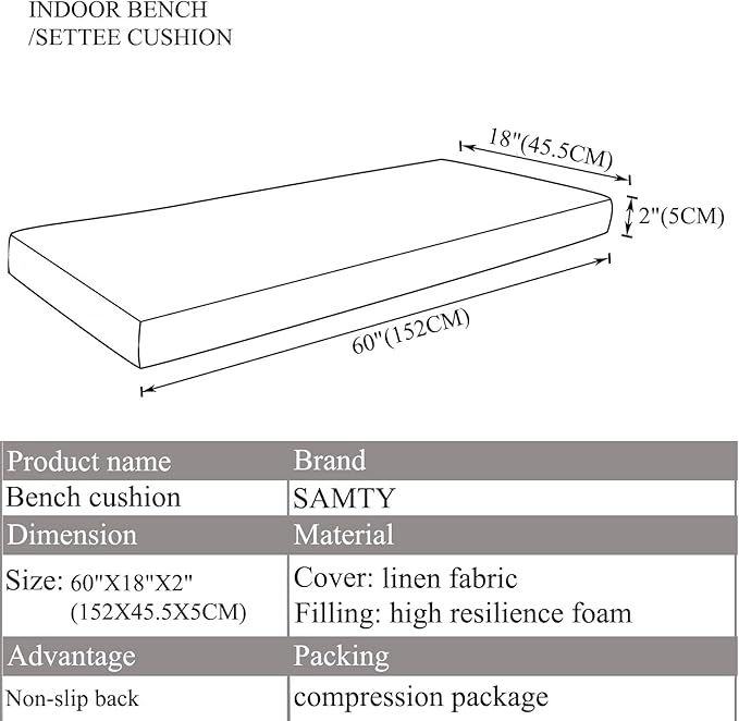 Bench Seat Memory Foam Chair Pads Non-Slip Rubber Back Indoor Swing/Settee Cushion 60 x 18 inch