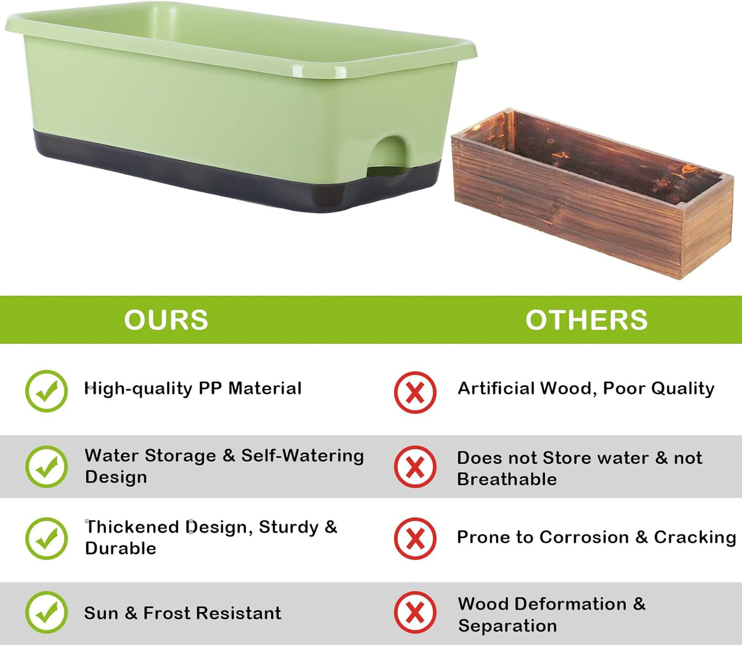 Window Box Planter 6 Pcs, 17 Inches Rectangle Flower Pots with Drainage Holes and Trays, Vegetable Planters for Windowsill Patio Garden Balcony Home Indoor Outdoor (Light Green, 18*10*6 inch)