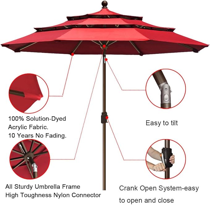EliteShade USA 10-Year-Non-Fading 9Ft 3 Tiers Market Umbrella Patio Umbrella Outdoor Table Umbrella with Ventilation, Logo Red