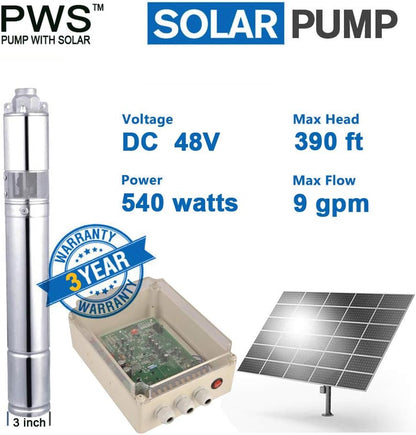 3-Year Warranty Solar Water Pump 48V 540W | 3" Stainless Steel 316 Deep Well Pump for Boreholes | Solar Kit with Controller | PWS JS3-2.1-120