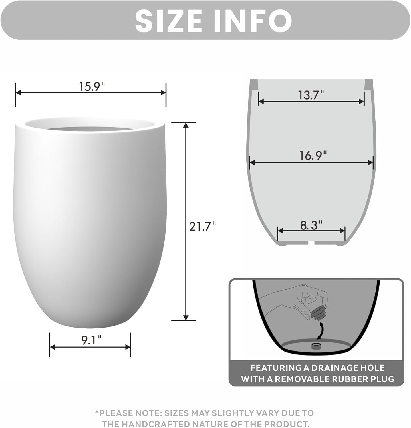 Kante Tall Concrete Planter, 21.7-Inch Height White Large Indoor Outdoor Plant Pot with Drainage Hole for Patio Garden Home, Modern Decor for Flowers and Tree