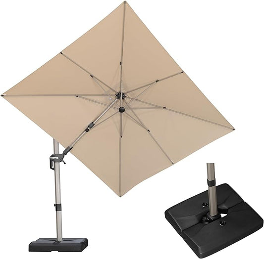 PURPLE LEAF 8' X 10' Left-right Tilting Patio Umbrella with Base Outdoor Swivel Cantilever Offset Aluminum Umbrella with Champagne Frame and 360-degree Rotation for Garden Deck Pool, Beige
