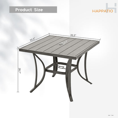 HAPPATIO Square Outdoor Dining Table - Patio Aluminum Slat Dining Table with 2.2" Umbrella Hole, 4 Person Dining Table for Garden, Backyard and Poolside
