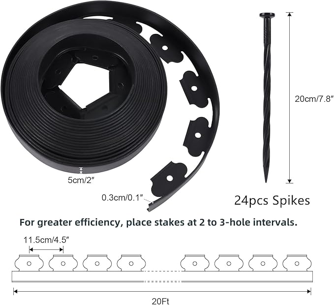 2 Inch Tall No Dig Durable Garden Landscape Edging Kit, Black Plastic Lawn Border with 24pcs Anchoring Spikes for Landscaping, Flower Gardens, Lawn (20FT+ 24pcs Anchoring Spikes)