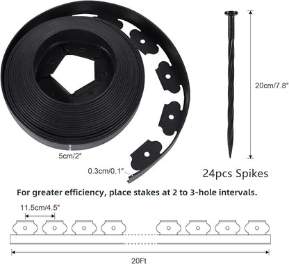 2 Inch Tall No Dig Durable Garden Landscape Edging Kit, Black Plastic Lawn Border with 24pcs Anchoring Spikes for Landscaping, Flower Gardens, Lawn (20FT+ 24pcs Anchoring Spikes)