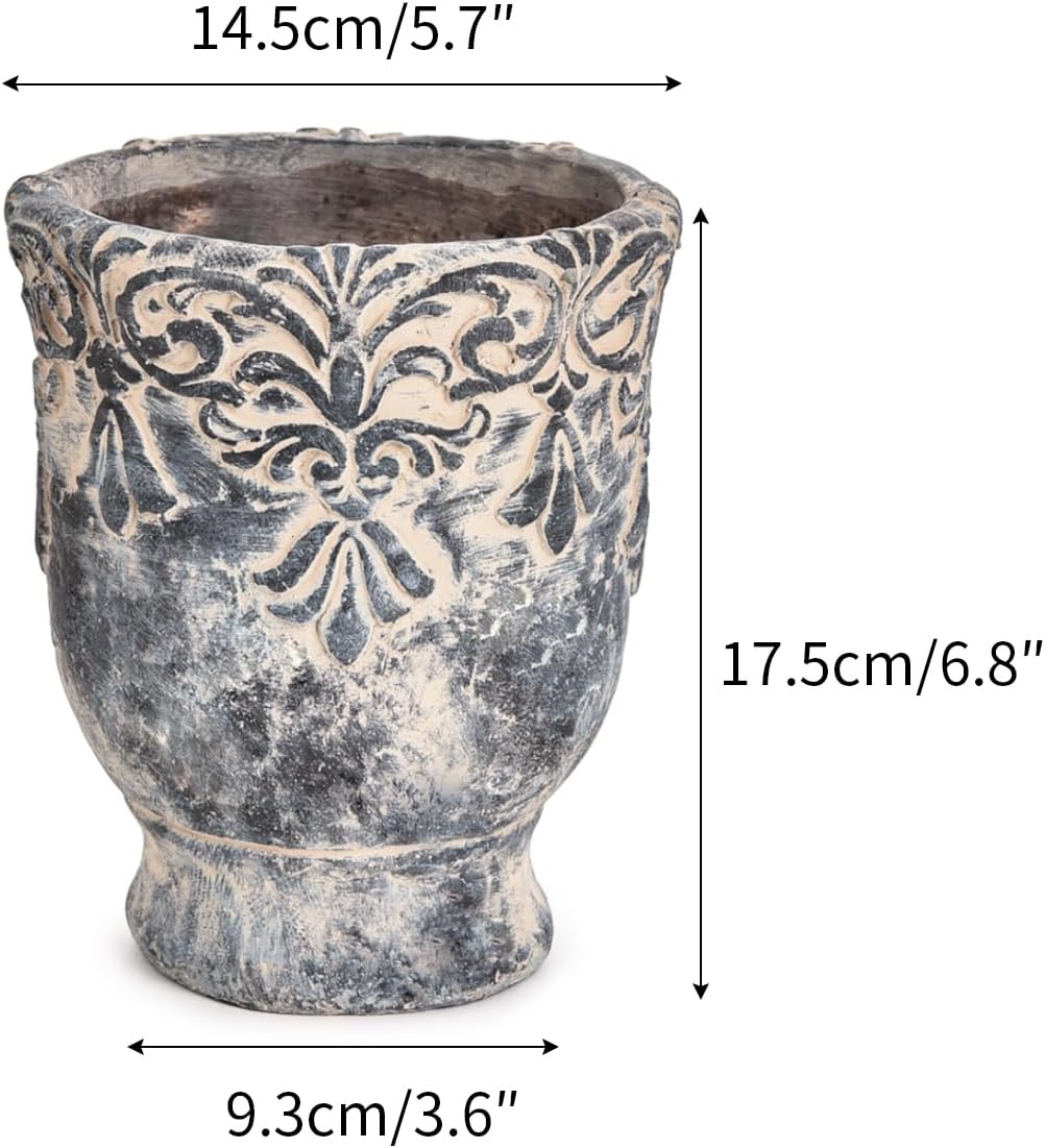 Sungmor 5.9 Inch Cement Plant Pot for Plants, Succulent Planter with Embossed Design, Vintage Concrete Flowerpots with Drainage Hole, Decorative Orchid Houseplant Pot Indoor Outdoor Plant Container
