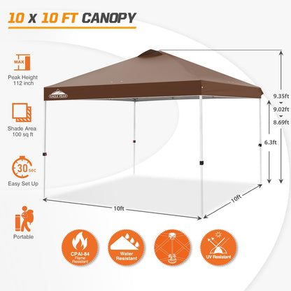 EAGLE PEAK Pop Up Canopy Tent with Wheeled Carry Bag, 8 Stakes, 4 Ropes, 4 Weight Bags, Easy Set Up Tent Canopy, 10x10 ft, 100sqft of Shade, Dark Brown